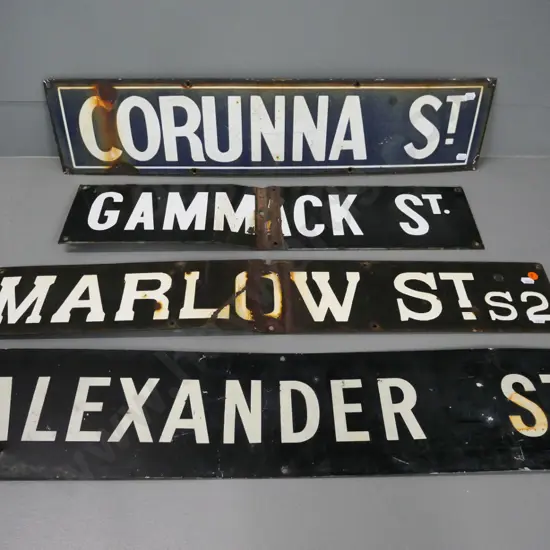 4 vintage street signs, 2 with heavy damage and corrosion in center, others with some wear - largest is 150 x 760