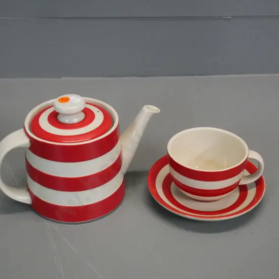 Red Cornish Ware items - teapot, cup & saucer