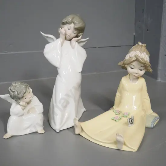 2 Lladro angel figures, taller is H-250, and a Tengra sitting girl