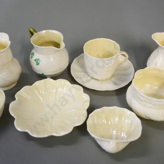 8 pieces Belleek green mark china - 3 jugs, sugar, cup & saucer, 3 small dishes