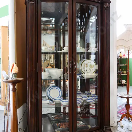 reproduction large mahogany 2-door illuminated display cabinet with 4 glass shelves H-2190 W-1280 D-510