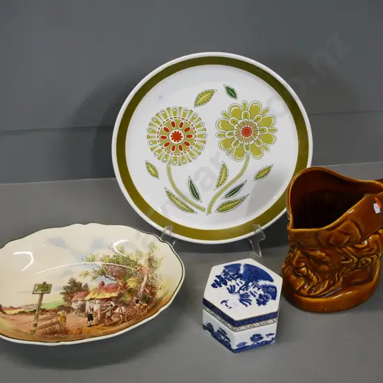 Crown Lynn McCallums jug and Merimeri plate, Booths Real Old Willow cover pot & a Royal Doulton oval server
