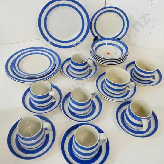 Cornish blue stripe kitchen ware - 8 cups & saucers, one has star crack, 5 desserts, 3 entree, etc. - slight staining