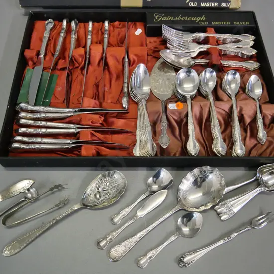 boxed 6-place set of Gainsborough plated cutlery, plus non matching extra spoons, servers, etc.