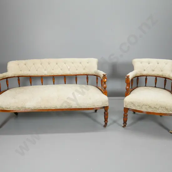 vintage turned spindle tub back deep button settee and chair on metal casters - settee H740 W1270 D640