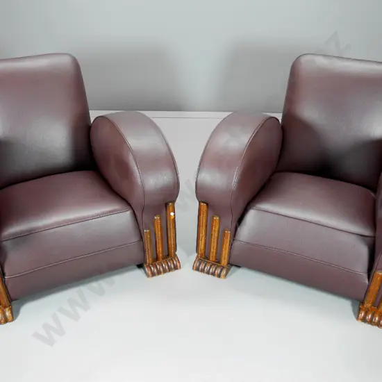 pair of deco style armchairs with oak facings & feet, vinyl upholstery, some scratches and wear to vinyl H720 W860 D850