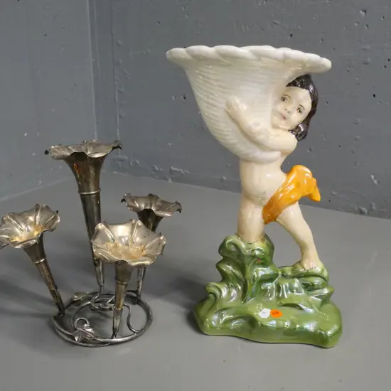 large figural lustre vase H-340 and a plated 4-epergne vase