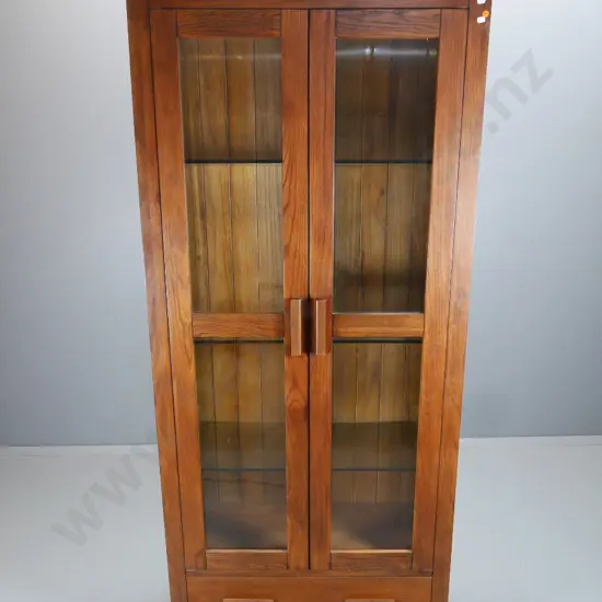 large oak illuminated display cabinet with 2 glazed doors, single drawer, 3 adjustable glass shelves H1925 W860 D360