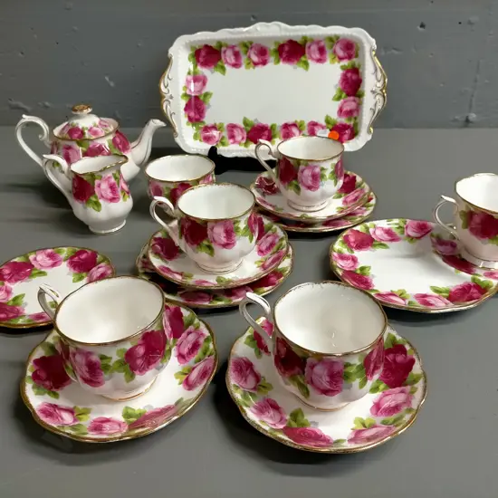 Royal Albert Old English Rose tea ware - including tea pot, sandwich tray, trios etc