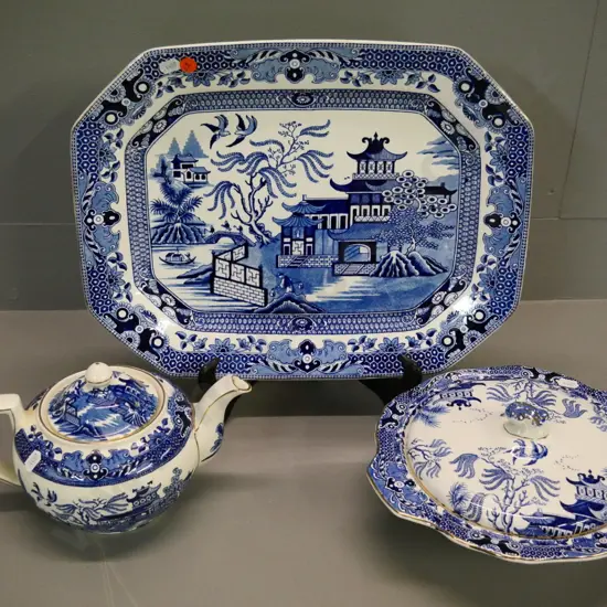 3 pieces of Burleigh blue & white - 6-cup teapot, lidded serving dish, and large platter L-400 W-300