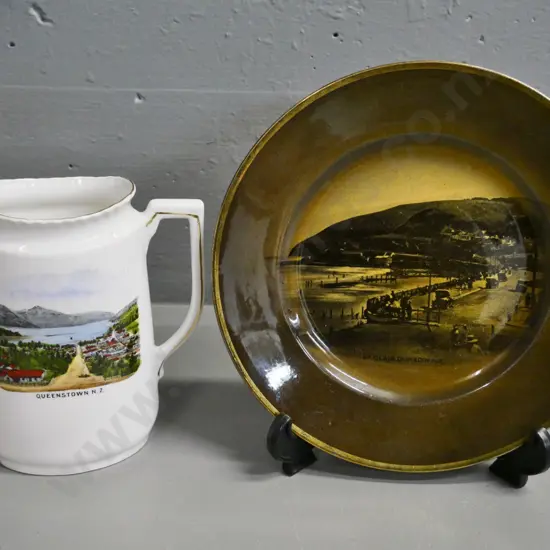 Victoria china Queenstown souvenir jug and a Ridgway Vista-ware St. Clair Dunedin plate