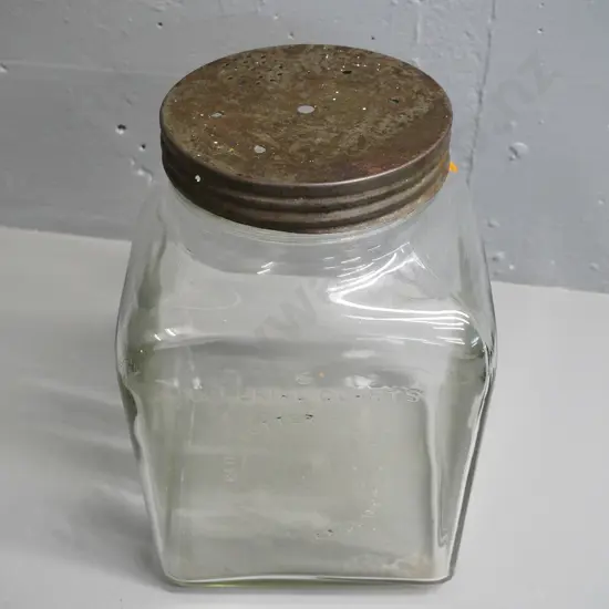large glass "Blow" Made in England butter churn jar with perforated metal lid, no mechanism marked H-300 W-180 D-180