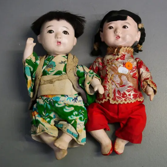 pair of vintage Chinese dolls with hand-painted plaster bodies approx H-250, some wear