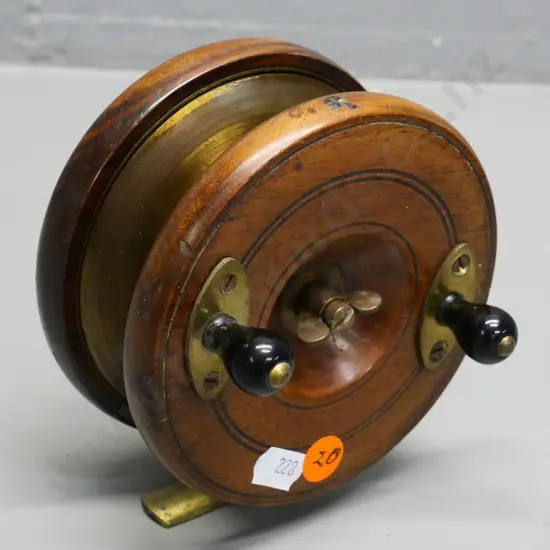 wood and brass fishing reel - no maker's marks - diameter 120