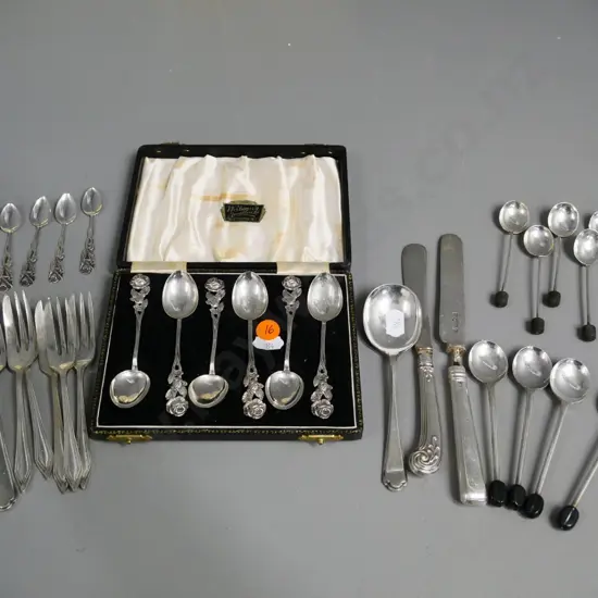 cased set of 6 sterling silver teaspoons, sterling knife, coffee bean spoons, and some plated ware items