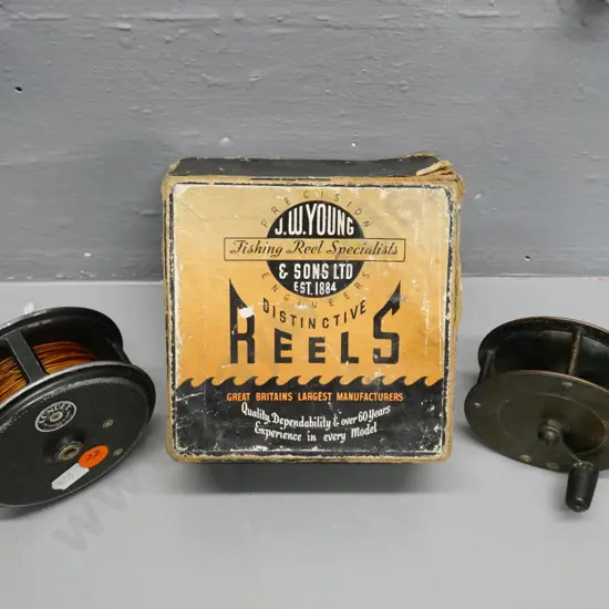 2 metal fly fishing reels - J.W. Young Condex Diameter 90 and smaller unmarked reel D-75