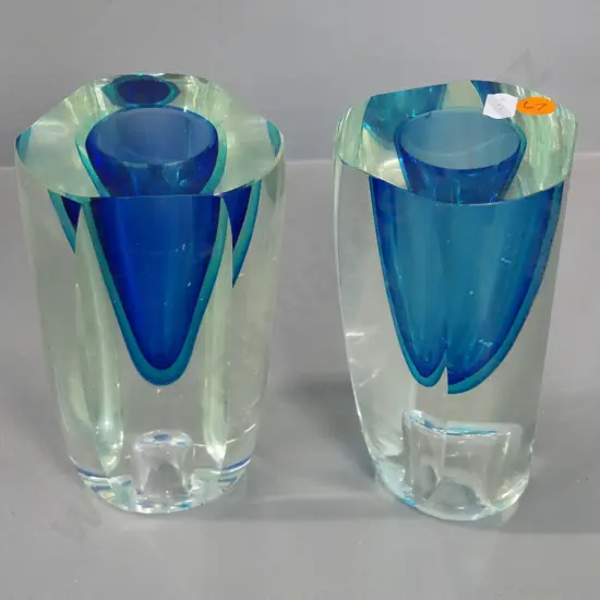 2 art glass vases - clear and blue / green H-150