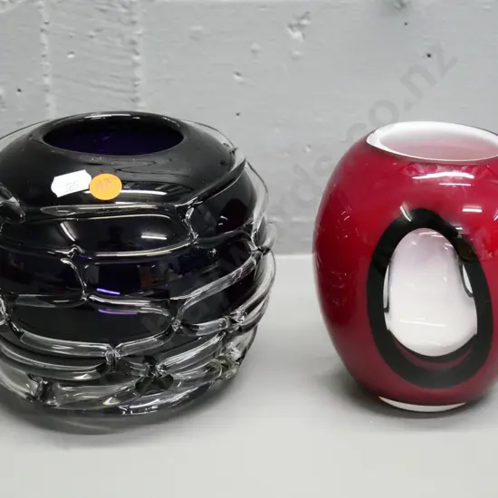 2 art glass vases - larger dark purple with clear raised pattern is H-140 Diameter 160