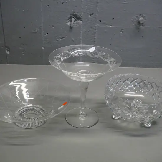 3 cut or etched crystal items - Stuart bowl, Webb-Corbett comport, and a 3-footed bowl, no maker's mark