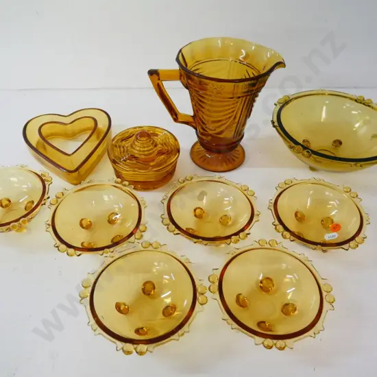 assorted vintage amber glass items - 7-piece sweet set, jug, vase, powder bowl