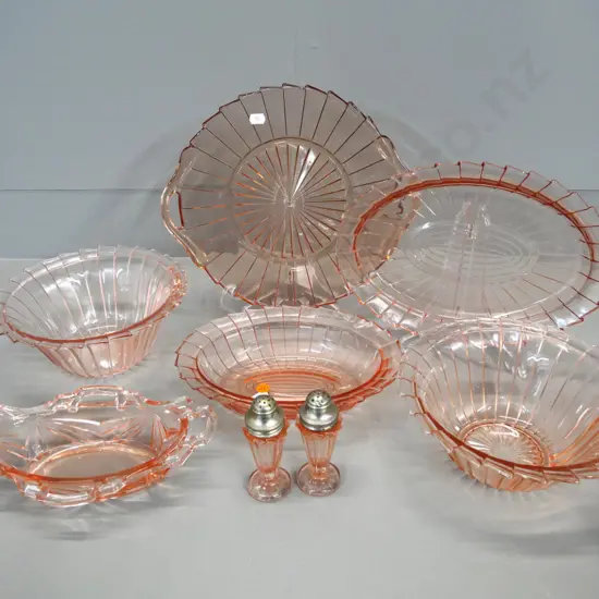 7 pieces pink depression glass - 4 bowls, 2 platters, condiment set