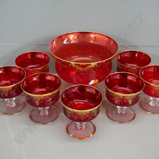 European ruby glass and gilt decorated comport style serving bowl H175 D190 & 7 dessert dishes