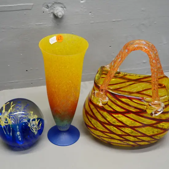 3 glass items - paperweight, footed vase H-210 and a basket vase