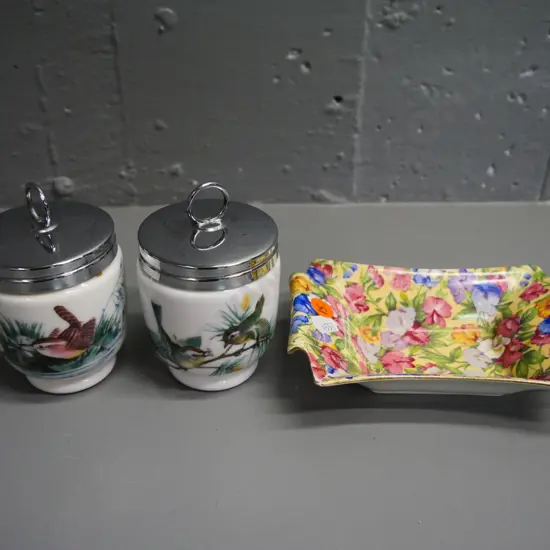 2 Royal Worcester bird theme egg coddlers and a Royal Winton All-Over-Floral sweet pea dish (chips)