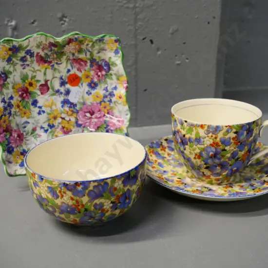 all-over-floral china items - Midwinter sweet dish, Ducal sugar bowl, cup & saucer