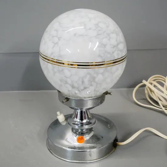 deco chrome bedside lamp with cloud glass globe shade with gilt stripe H-270