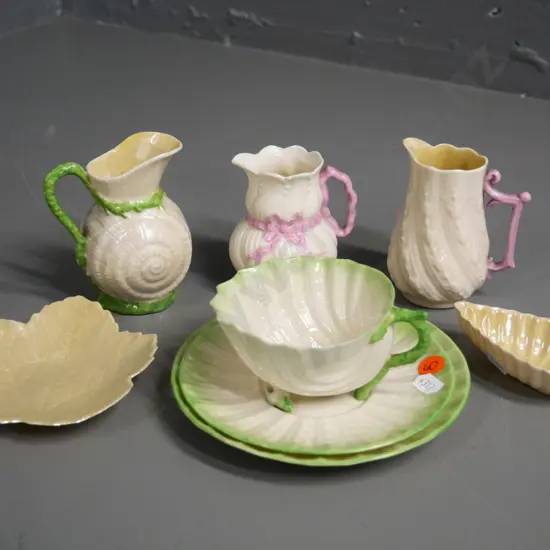 6 pieces Belleek black mark china - 3 jugs, trio, and 2 small dishes