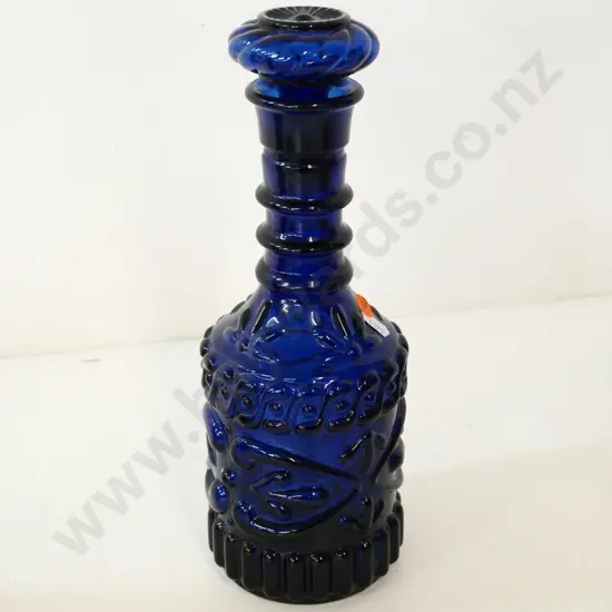 retro blue moulded glass stoppered bottle H-290