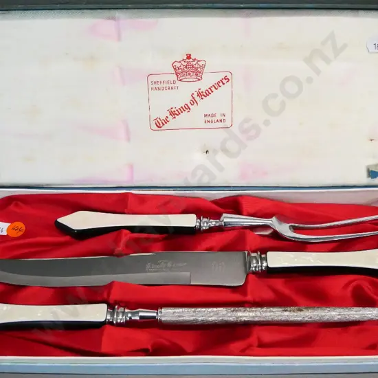 deco style King Karver carving set with black and faux mother-of-pearl handles