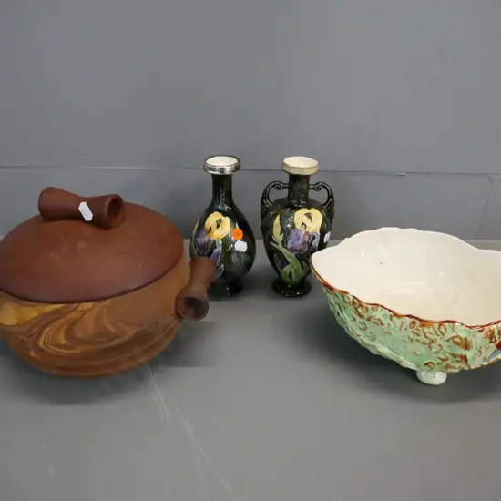 pair of vases, one w/sterling rim, one missing rim, Te Rona lidded casserole D-190, Weatherby serving bowl