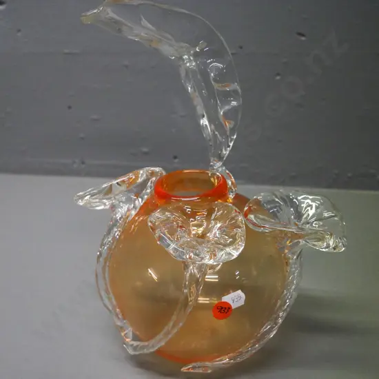 art glass vase - orange with clear morning glory flowers H-280