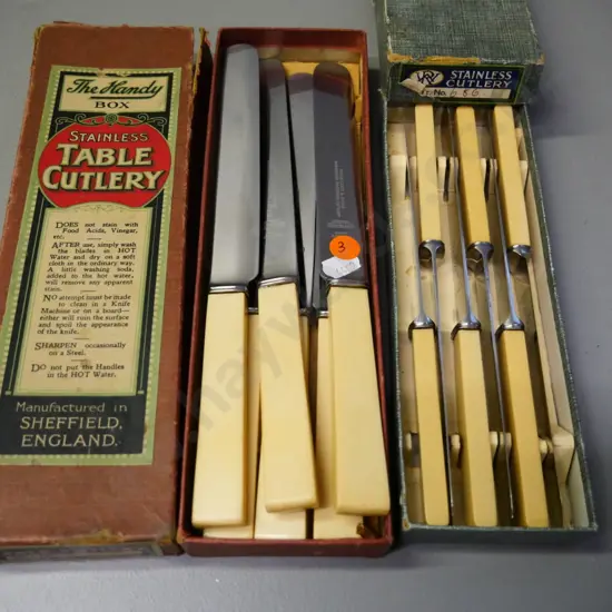 2 boxed sets of square bone-handled knives - Thurston & Sons dinners and smaller Westall Richardson