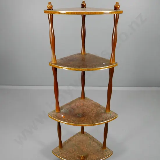 mid-century retro 4-tier corner whatnot with pressed copper shelves, wood spindles H1300 W520 D350