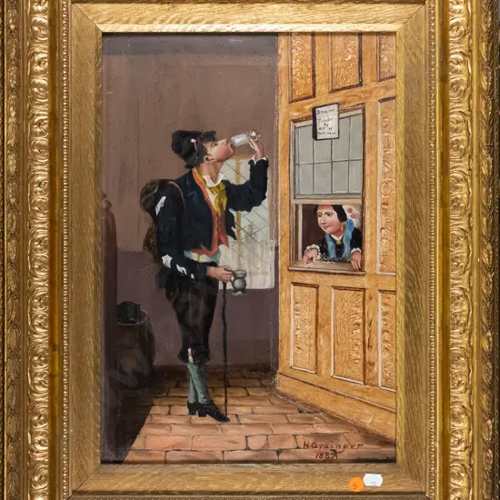 H Grainger 1889 - gilt framed oil on canvas - man drinking at window H-390 W-280