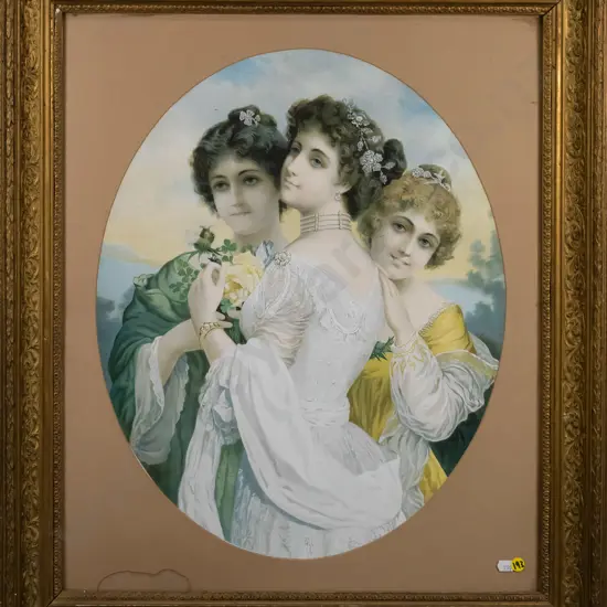 gilt framed vintage print - three women (waterstain to mat , some damage to frame ) H-520 W-410