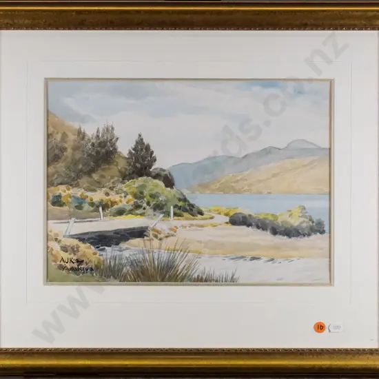 illegible signature - framed watercolour - bridge by lake H-250 W-350