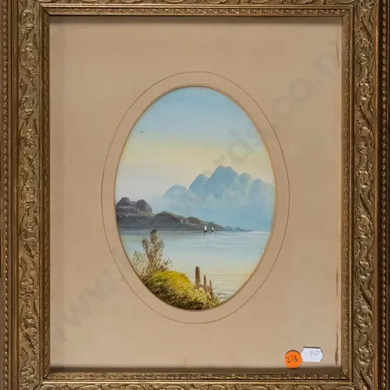 gilt framed watercolour - lake and mountain scene (slight foxing) H-180 W-120
