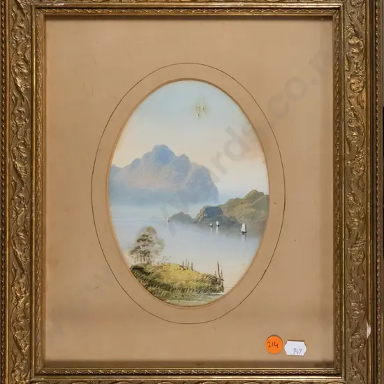 gilt framed watercolour - lake and mountain scene  (foxing) H-180 W-120
