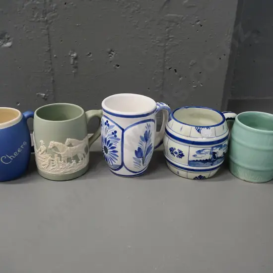 5 mugs - Delft, Quimper, Sylvac, Devon ware etc.