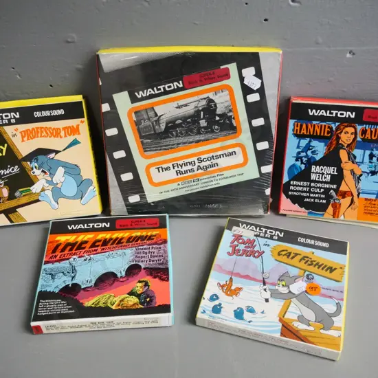Five Super 8 films in original boxes, some sealed - Tom & Jerry x2, Raquel Welch, Witchfinder General etc.