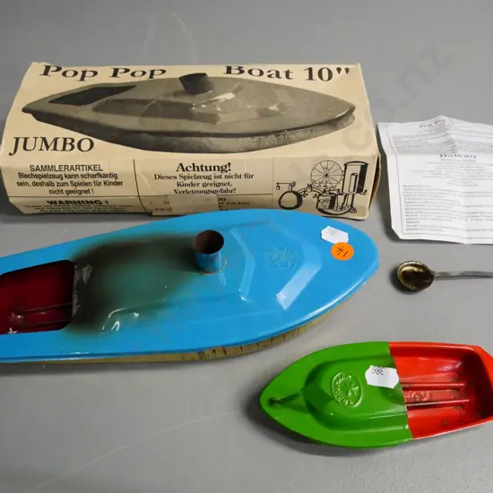 2 tin toy pop-pop style boats - larger one L-260 with box & instruction sheet