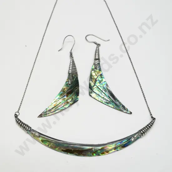 paua shell necklace & earrings chain stamped sterling