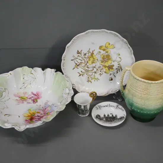 assorted vintage china - Beswick 2-handled vase, continental salad bowl, Hancock plate, souvenir demitasse cup & saucer