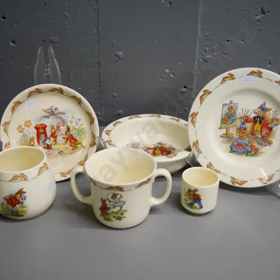 assorted Royal Doulton Bunnykins ware including 2 mugs, saucer, plate, bowl, etc.