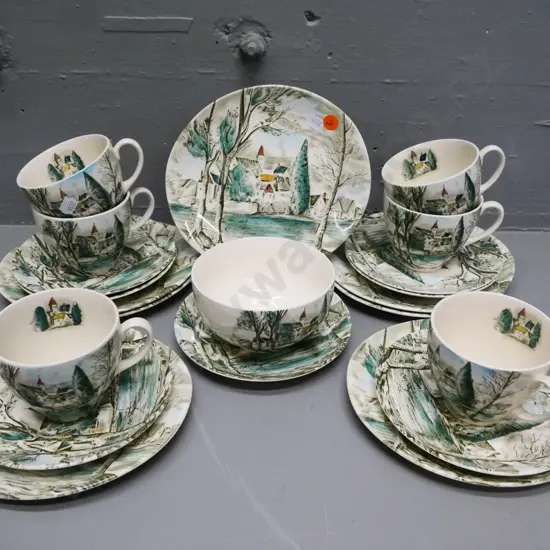 Johnson Bros. Dreamtown china tea ware - 6 trios, sugar bowl, spare side and saucer