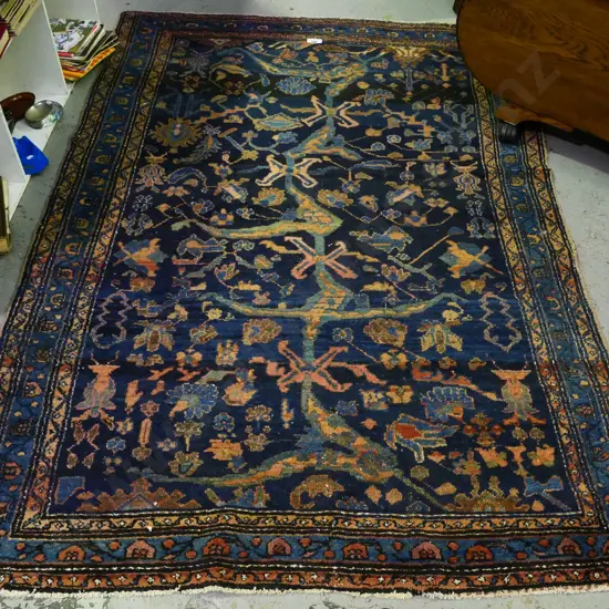 Persian style hand-knotted wool floor rug - dark blues, rose and brown L1920 W1260